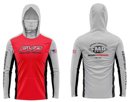 2023 Red/Gray Unisex 170 GSM Sunproof SPF 50+ FVP Fishing Long Sleeve Hoodie With Neck Gaiter